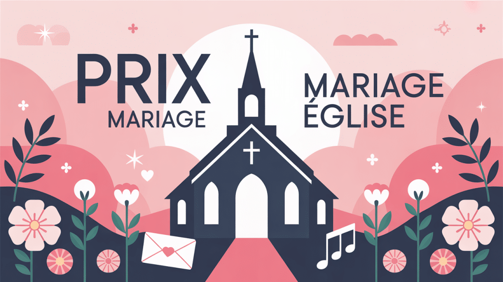 prix eglise mariage, image stylisée église, alliances, fleurs, enveloppe