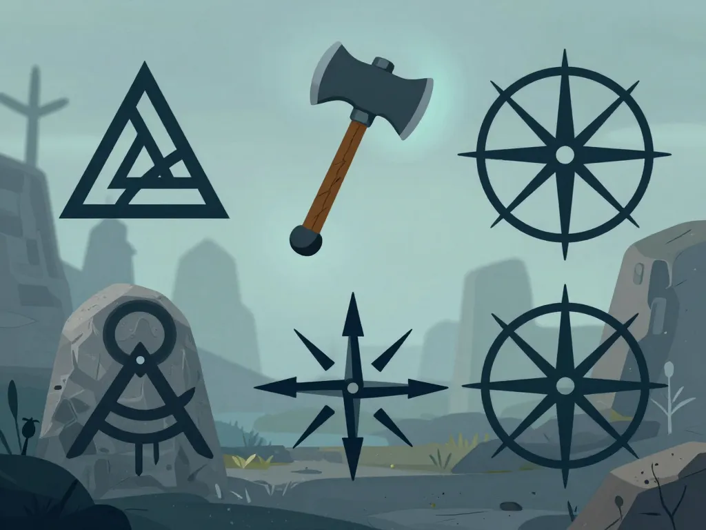 illustration des principaux signes vikings Valknut Vegvisir Mjöllnir Aegishjalmur