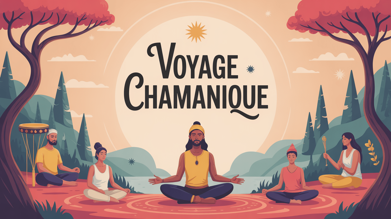 Illustration stylisée voyage chamanique tambour méditation