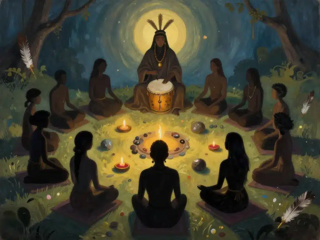 Cercle groupe voyage chamanique rituel tambour