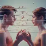 Attirance magnétique : deux silhouettes reliées par filaments lumineux