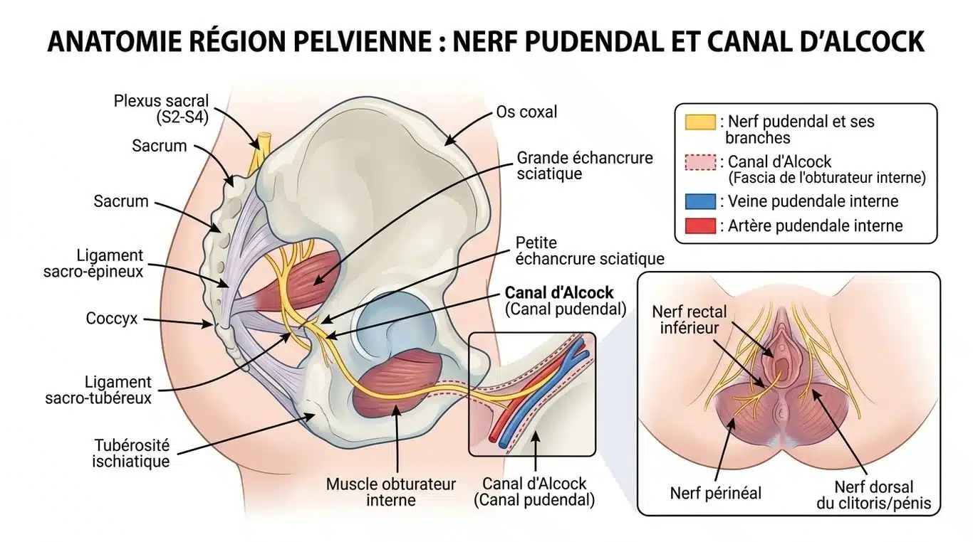 Schéma anatomique du trajet du nerf pudendal et du canal d'Alcock