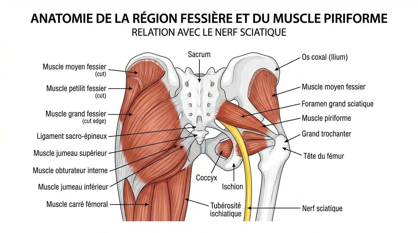 Schéma anatomique illustrant la compression du nerf sciatique par le muscle piriforme