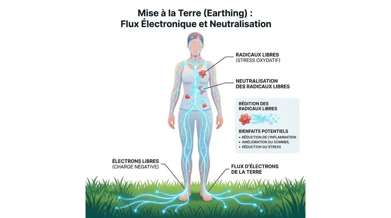 Illustration pédagogique du fonctionnement du earthing : transfert d'électrons de la terre vers le corps humain