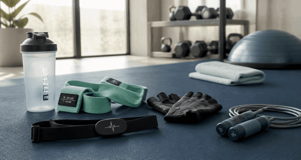 Accessoires de sport sur tapis bleu en salle