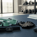 Accessoires de sport sur tapis bleu en salle