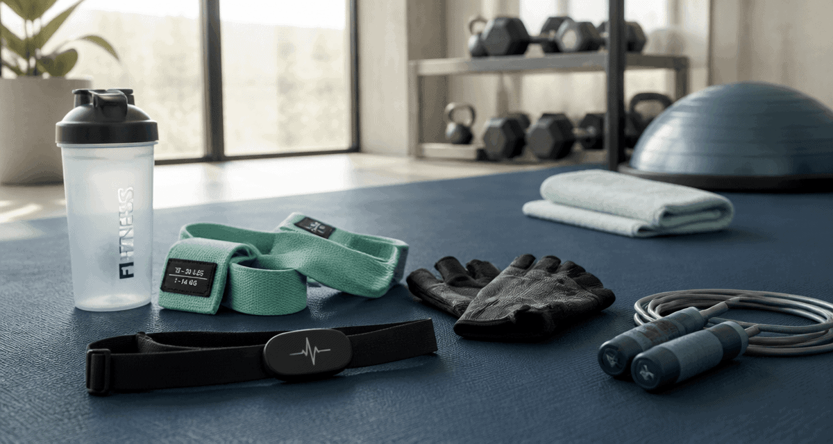 Accessoires de sport sur tapis bleu en salle