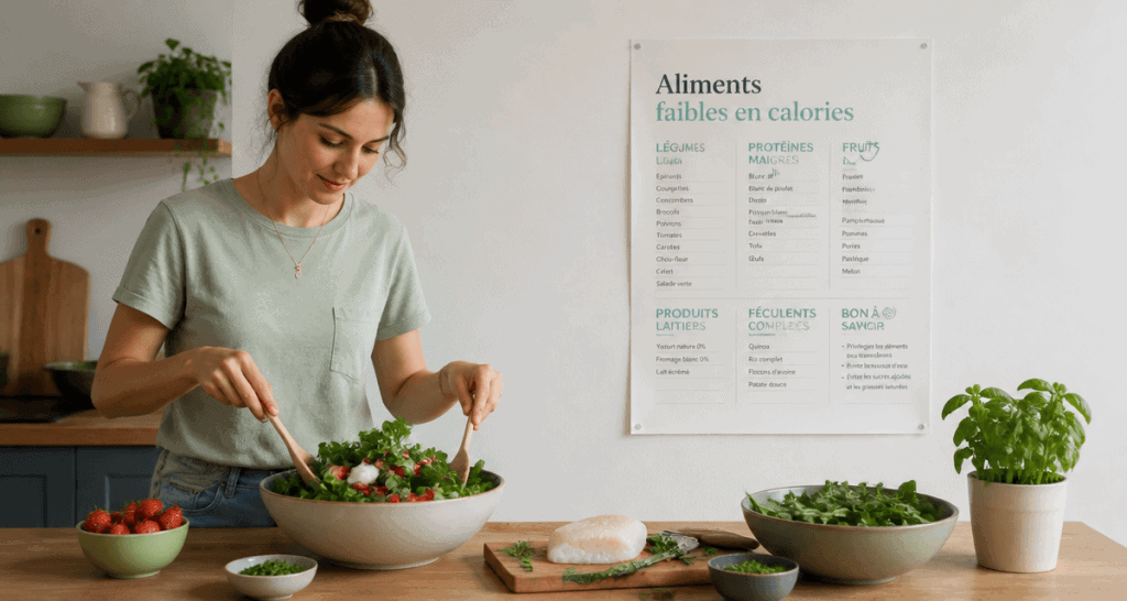 Femme préparant salade aliments faibles en calories