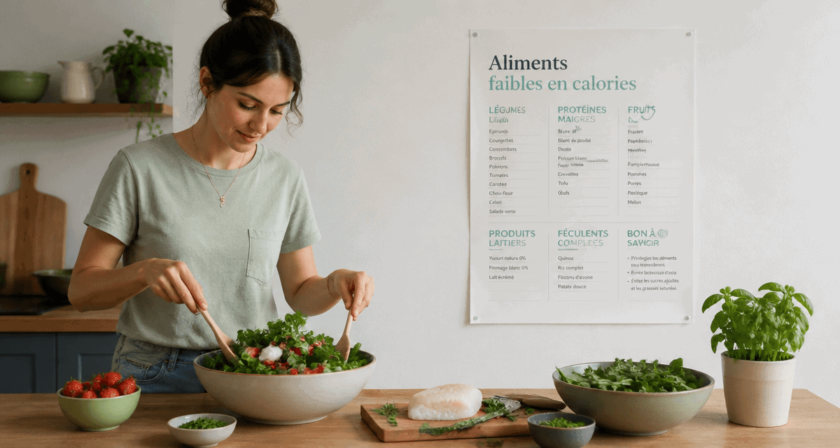 Femme préparant salade aliments faibles en calories