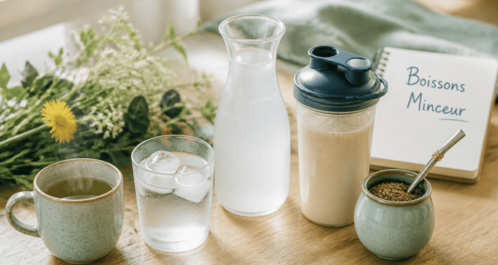 boisson pour perdre du poids sur table avec thé vert eau coco maté