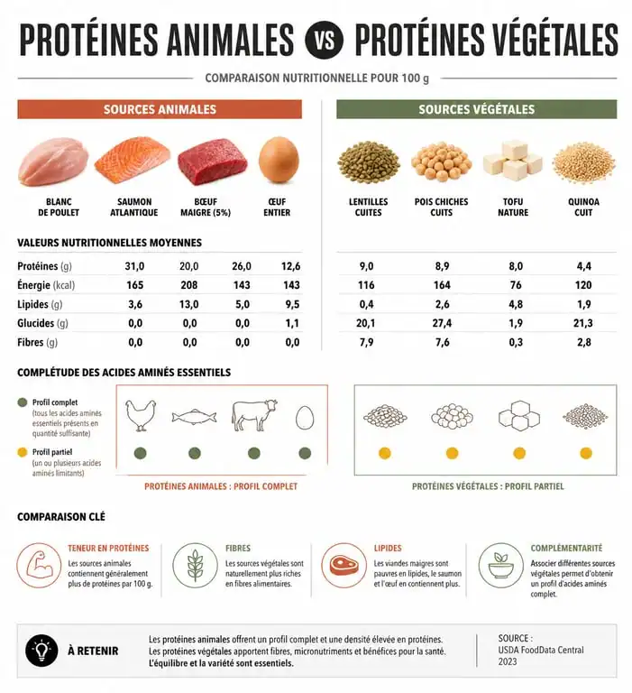 Infographie comparative des sources de protéines animales et végétales pour un repas riche en protéines
