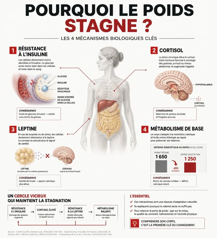 Infographie expliquant pourquoi je n'arrive pas à maigrir : mécanismes hormonaux et métaboliques