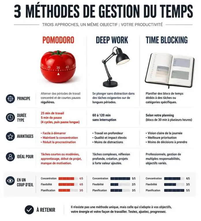 Infographie sur les méthodes d'équilibre de vie : Pomodoro, Deep Work et Time Blocking