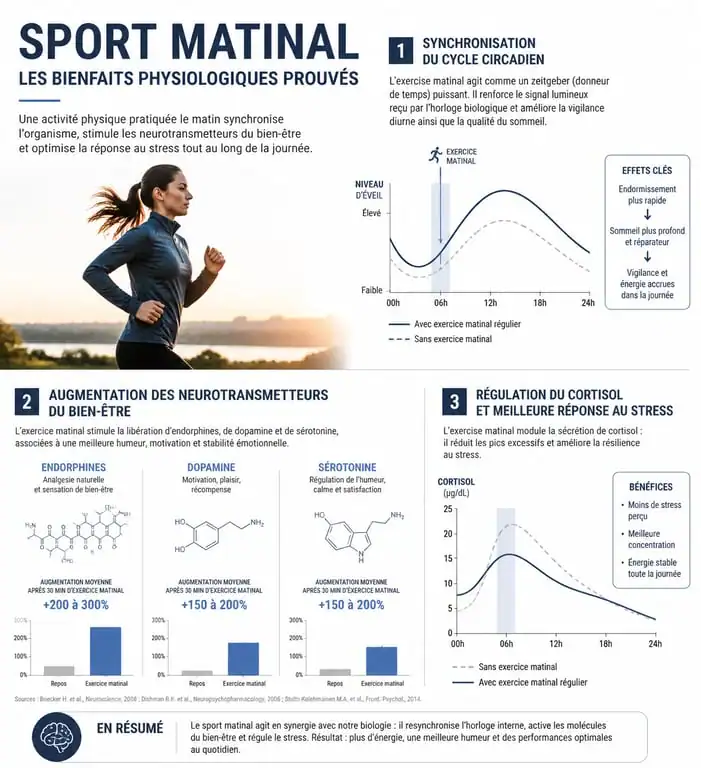 Infographie sur les bienfaits physiologiques et hormonaux du sport matinal