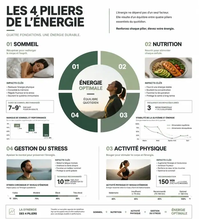 Infographie sur les 4 piliers pour retrouver son énergie et lutter contre la fatigue