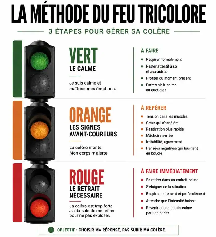 Infographie sur la gestion de la colère et la méthode du feu tricolore