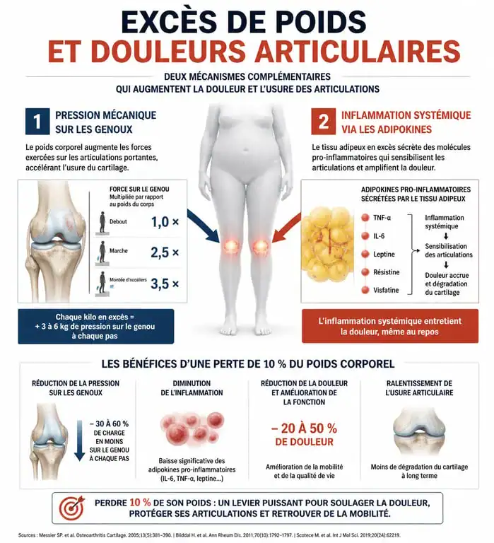 Infographie sur le lien entre perte de poids et soulagement des douleurs articulaires et arthrose