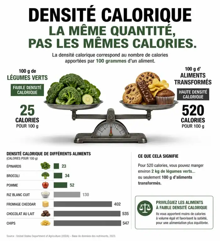 Infographie comparative de la densité calorique des aliments pour une alimentation équilibrée