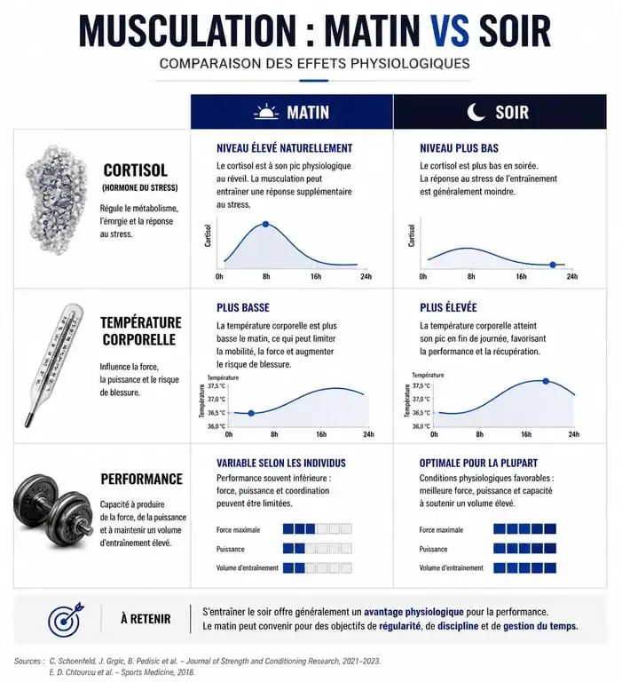Infographie comparative musculation le matin vs soir