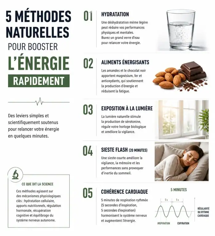 Infographie sur les méthodes naturelles pour avoir de l'énergie rapidement et lutter contre la fatigue