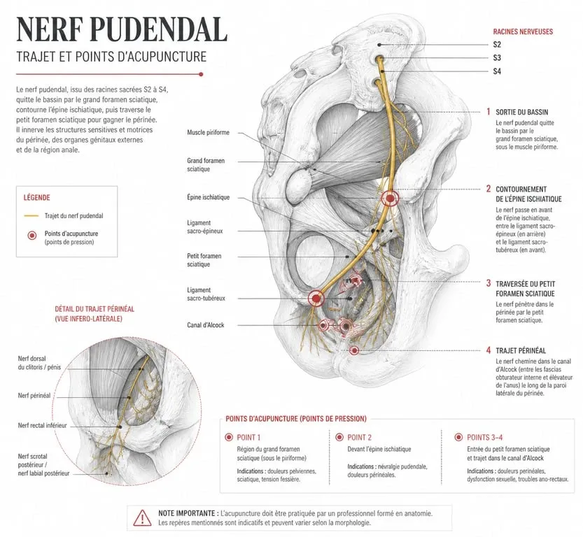 Schéma anatomique illustrant le nerf pudendal et l'acupuncture pour la névralgie pudendale