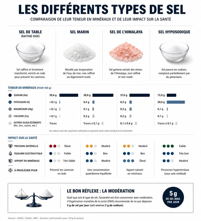 Infographie comparative des différents types de sel pour la santé et leurs apports minéraux