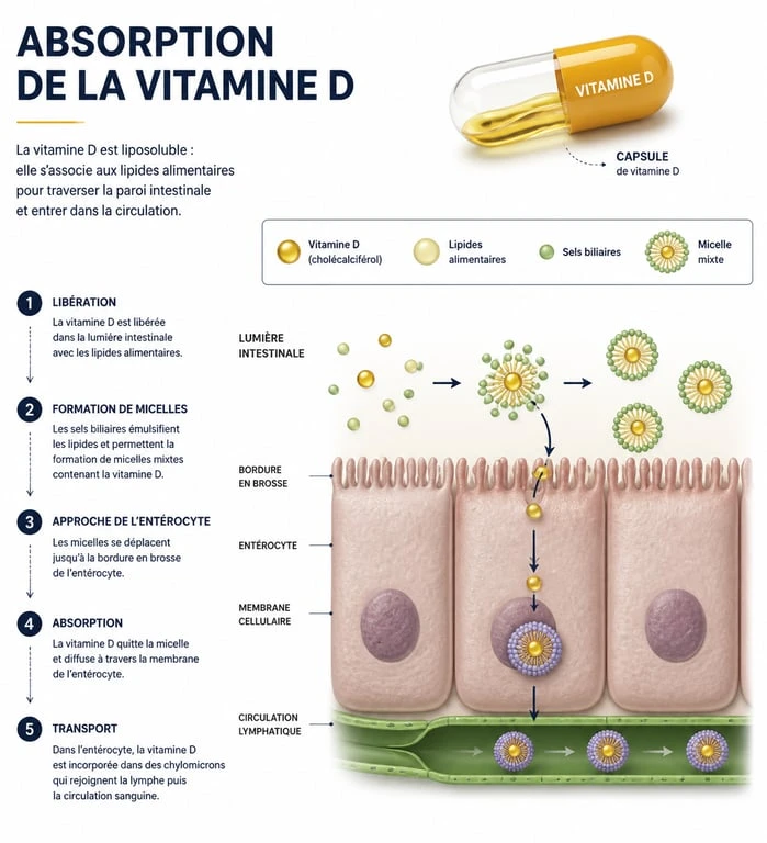 Schéma illustrant l'importance des lipides pour l'absorption de la vitamine D dans l'organisme