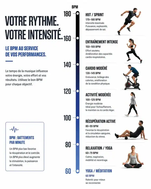 Infographie des plages de BPM recommandées pour différents types d'entraînement sportif