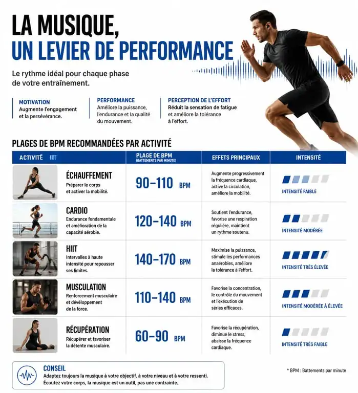 Infographie des BPM recommandés pour la musique sport motivation par type d'activité