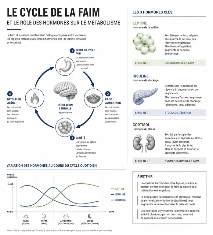 Infographie sur le rôle des hormones leptine insuline et cortisol dans la perte de poids et la volonté