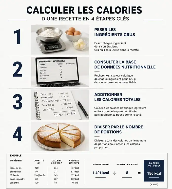 Infographie des étapes pour calculer les calories d'une recette maison