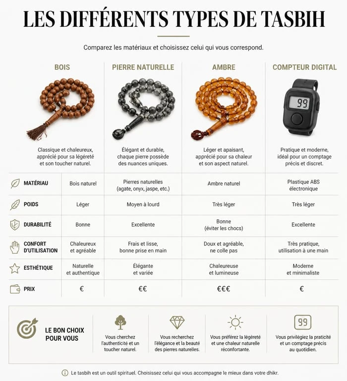 Comparatif des différents matériaux et types de tasbih pour la pratique du dhikr