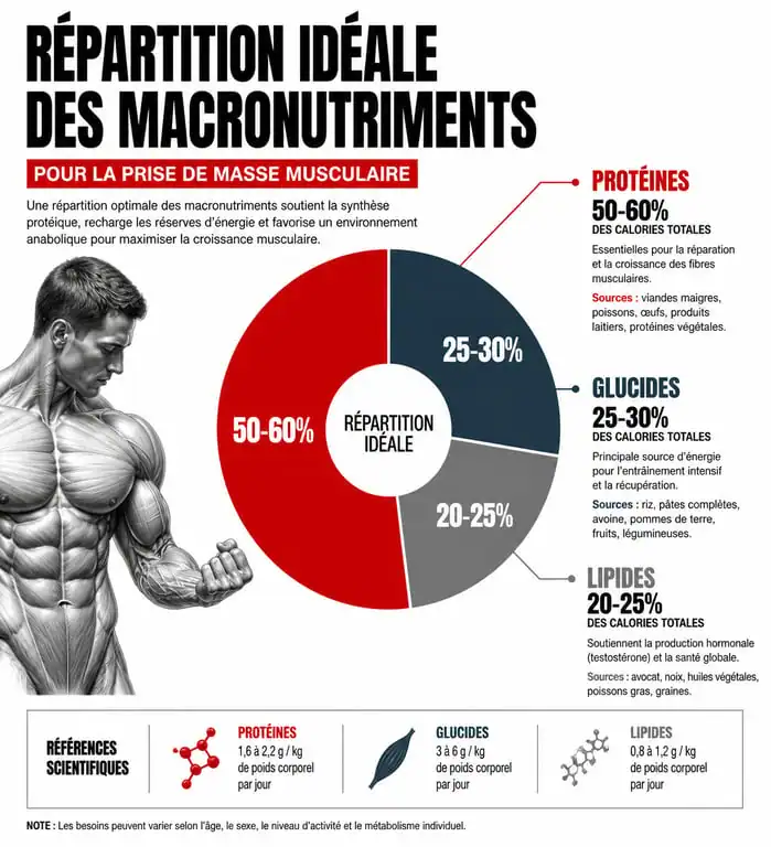 Infographie sur la répartition des macronutriments pour une prise de masse efficace