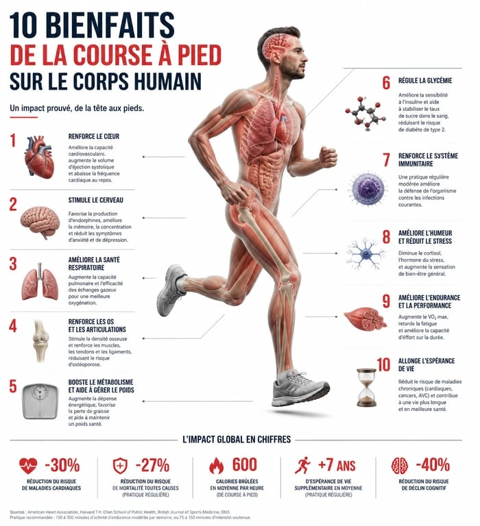 Infographie des 10 bienfaits de la course à pied sur la santé physique et mentale