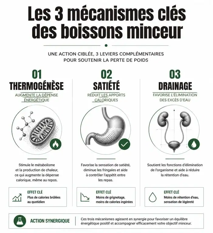 Infographie des mécanismes d'action des boissons pour perdre du poids : thermogenèse, satiété et drainage
