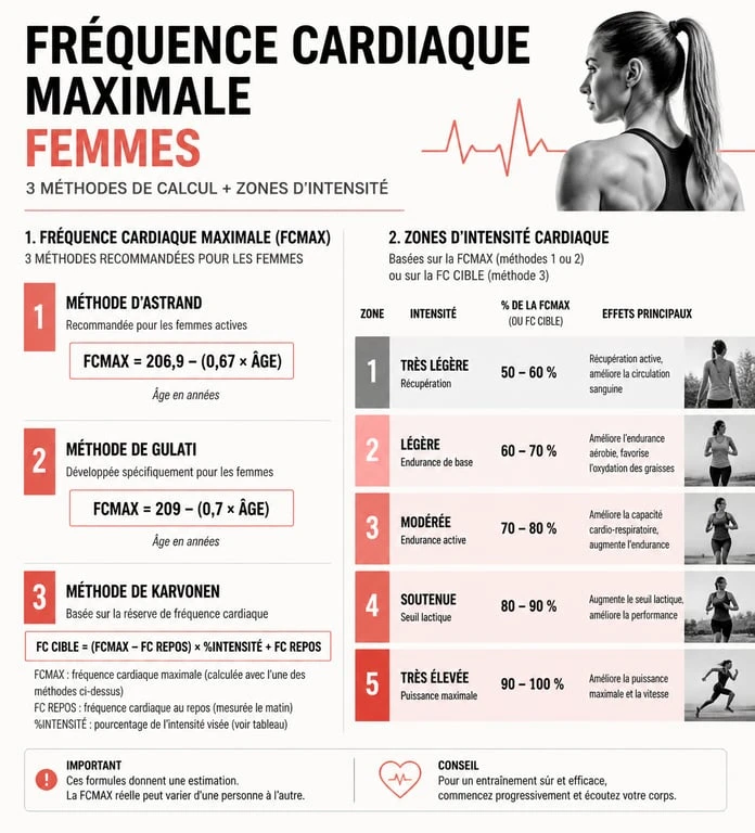 Infographie des méthodes de calcul de la fréquence cardiaque maximale pour femme et zones d'entraînement