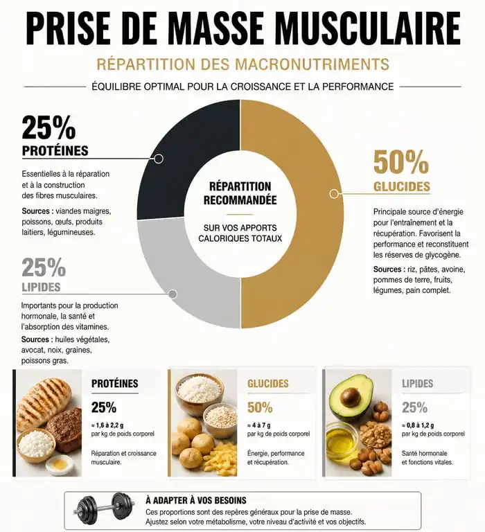 Infographie sur la répartition des macronutriments pour une prise de masse musculaire efficace
