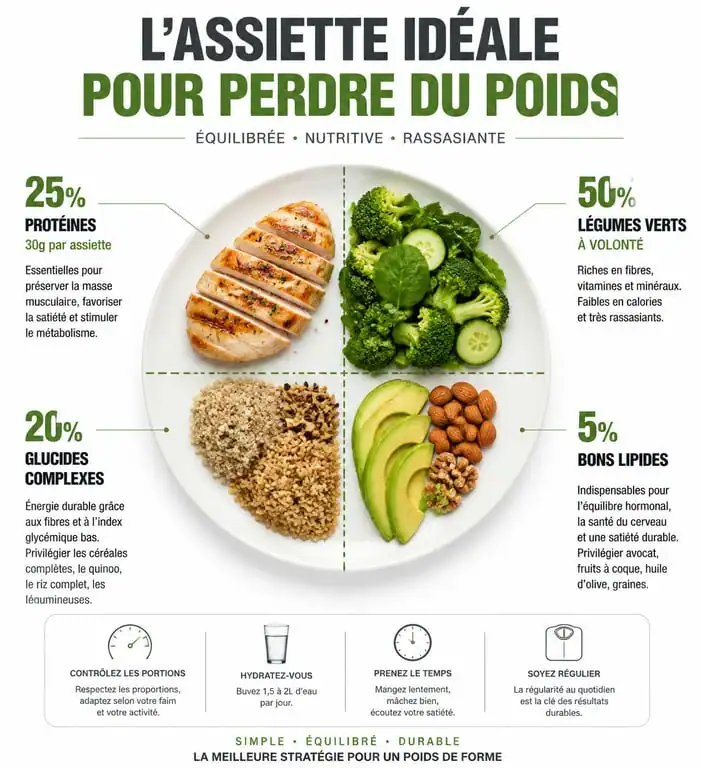 Infographie répartition assiette équilibrée pour perte de poids