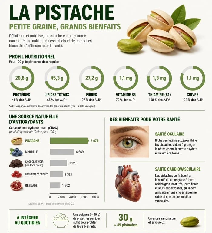 Infographie des bienfaits nutritionnels et santé de la pistache