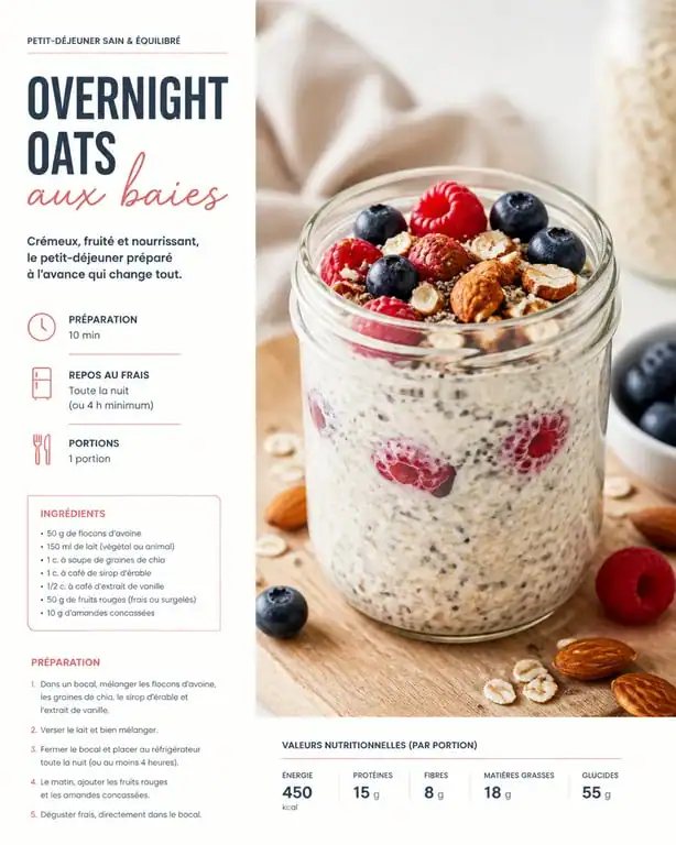 Recette de petit déjeuner équilibré : bocal d'overnight oats aux fruits et graines