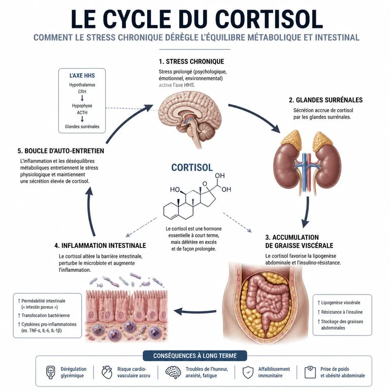 Schéma explicatif du lien entre taux de cortisol élevé et ventre gonflé et graisse abdominale