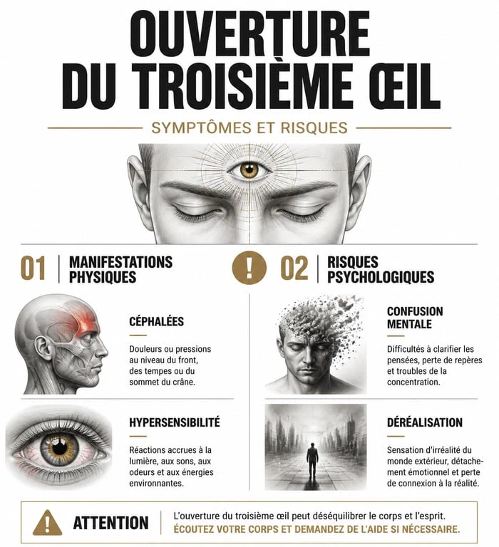 Infographie des dangers et symptômes de l'ouverture du troisième œil
