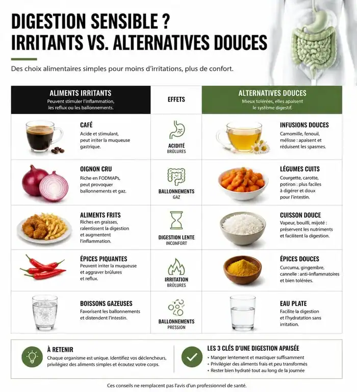 Infographie comparative des aliments à éviter et alternatives pour une digestion facile