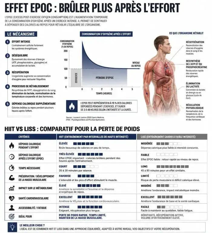 Infographie expliquant l'effet EPOC et la comparaison HIIT vs LISS pour la perte de poids