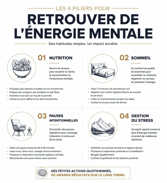 Infographie des conseils pour retrouver de l'énergie mentale et lutter contre la fatigue cognitive