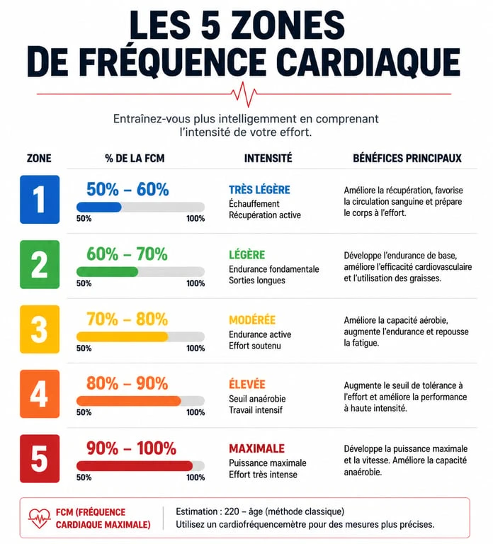 Infographie des zones de fréquence cardiaque pour calculer la fréquence cardiaque à l'entraînement