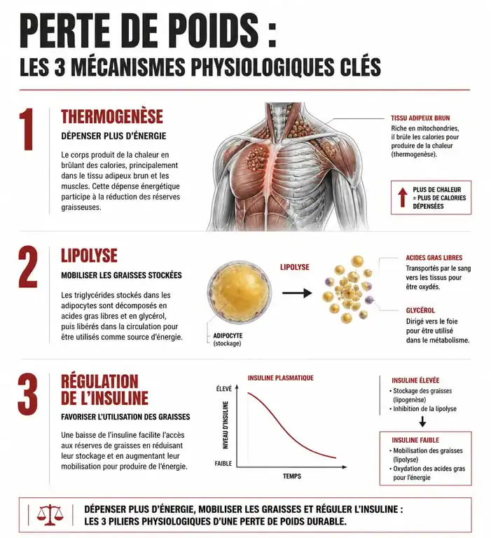 Infographie explicative des mécanismes biologiques des aliments brûle-graisse : thermogenèse, lipolyse et satiété.