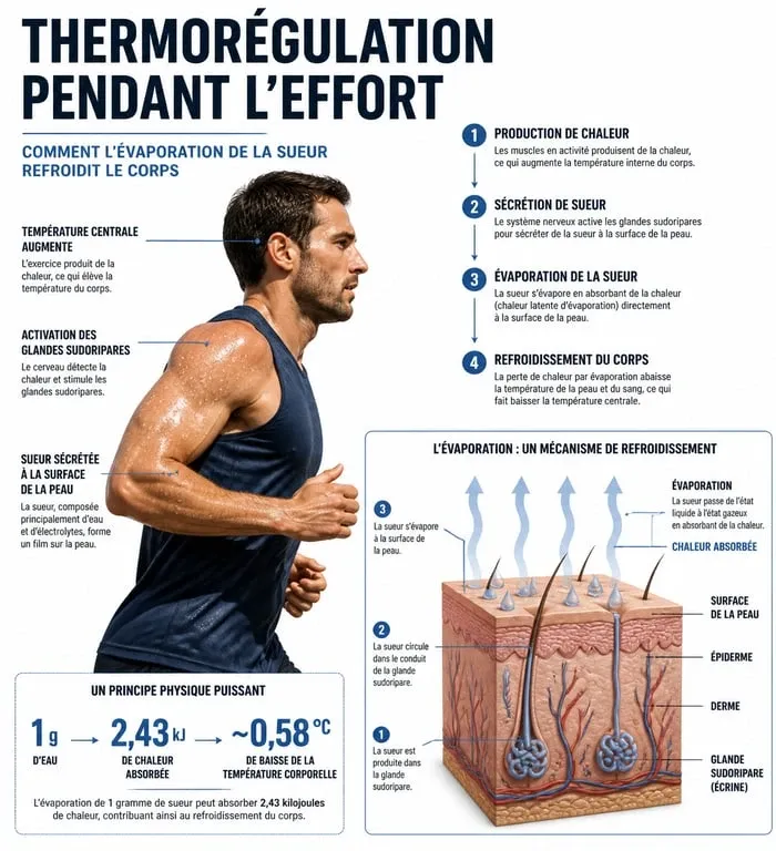 Infographie sur le mécanisme de thermorégulation et les bienfaits de la transpiration pendant le sport