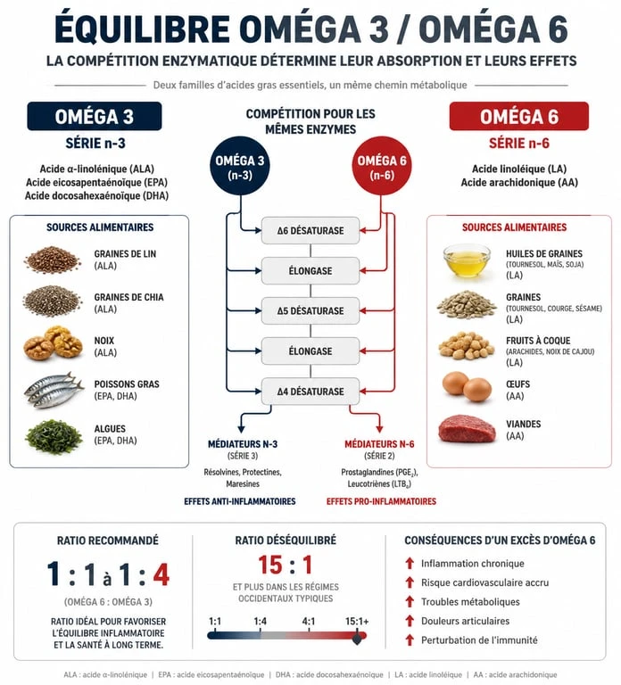 Infographie sur l'équilibre des oméga 3 et 6 et leurs sources alimentaires