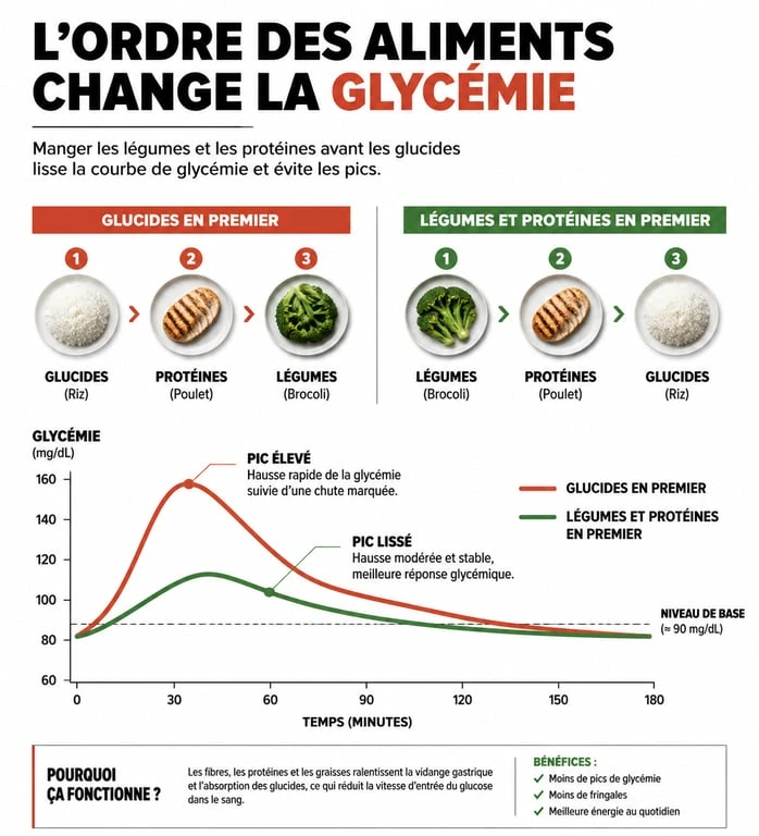 Infographie montrant comment faire baisser la glycémie en modifiant l'ordre des aliments au repas